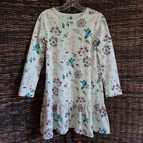 Tea Collection Floral Drop Waist Long Sleeve Ruffle Dress 10 Cream 100% Cotton - Picture 1 of 7